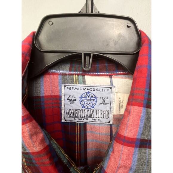 American Hero Shirt Mens XXL 2XL Red‎ Plaid Western Pearl Snap Short Sleeve - Picture 4 of 6